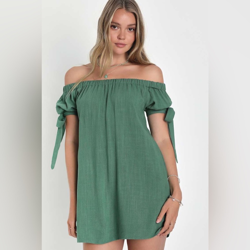 *LULUS* Forest Green Al Fresco Off The Shoulder Dress w/ Tie Sleeves Size Medium
